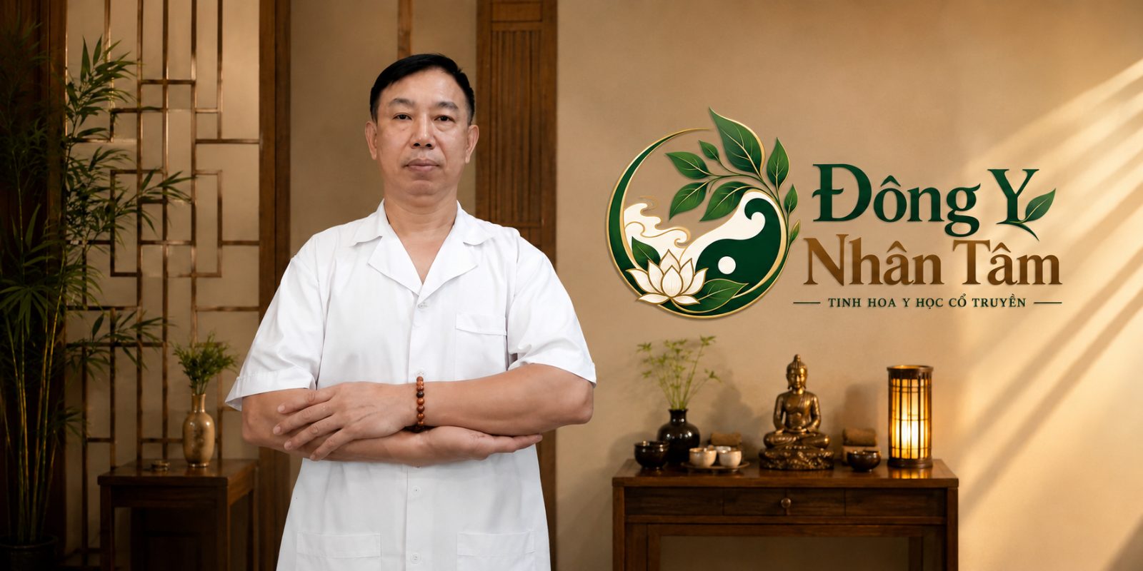 Lương y Đinh Công Lục đứng tại phòng khám, bên cạnh là bảng hiệu Đông Y Nhân Tâm